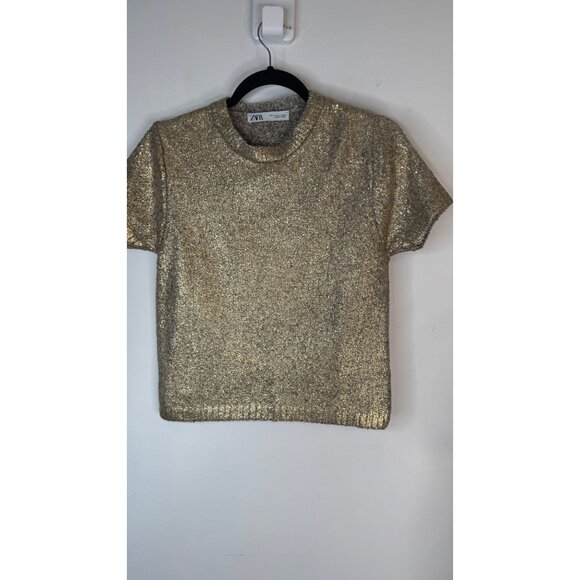 2/$30 Zara Gold Metallic Small Short Sleeve Pullover Crewneck Sweater - Picture 13 of 14